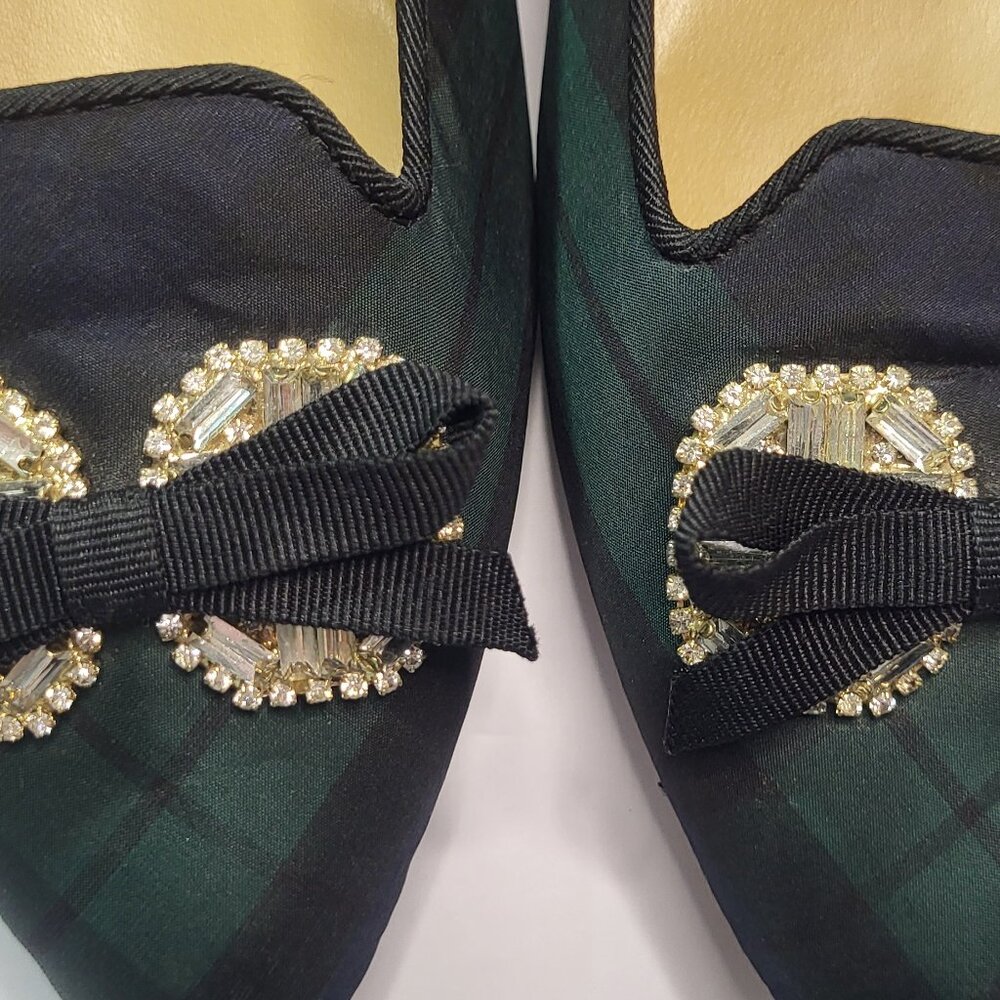 Talbots Plaid Jewel Flats Vacy Blue Green Bow Embellished Point Toe Loafer 6.5